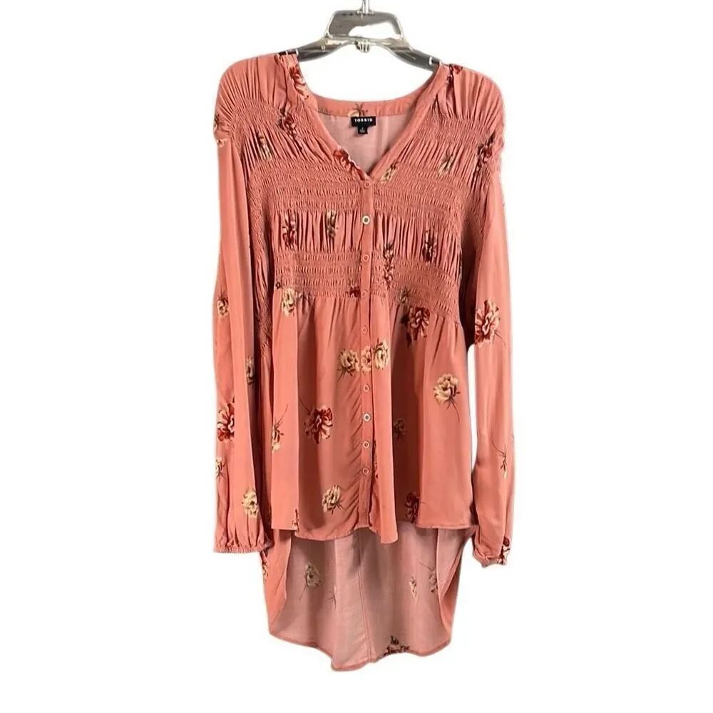 TORRID Women’s Floral Peasant Babydoll Style Blouse Hi Low Boho Size 2 2X Coral